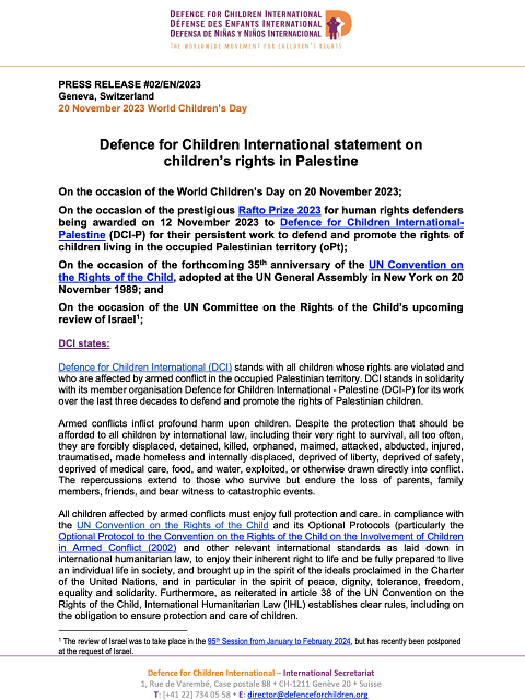 Dichiarazione di DCI sui diritti dell’infanzia e dell’adolescenza in Palestina
